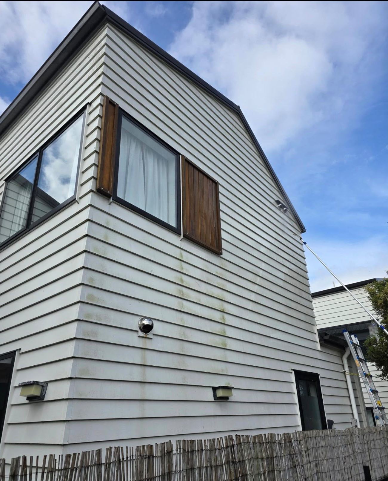 North Shore weatherboard home before washing, green mould on the lower boards